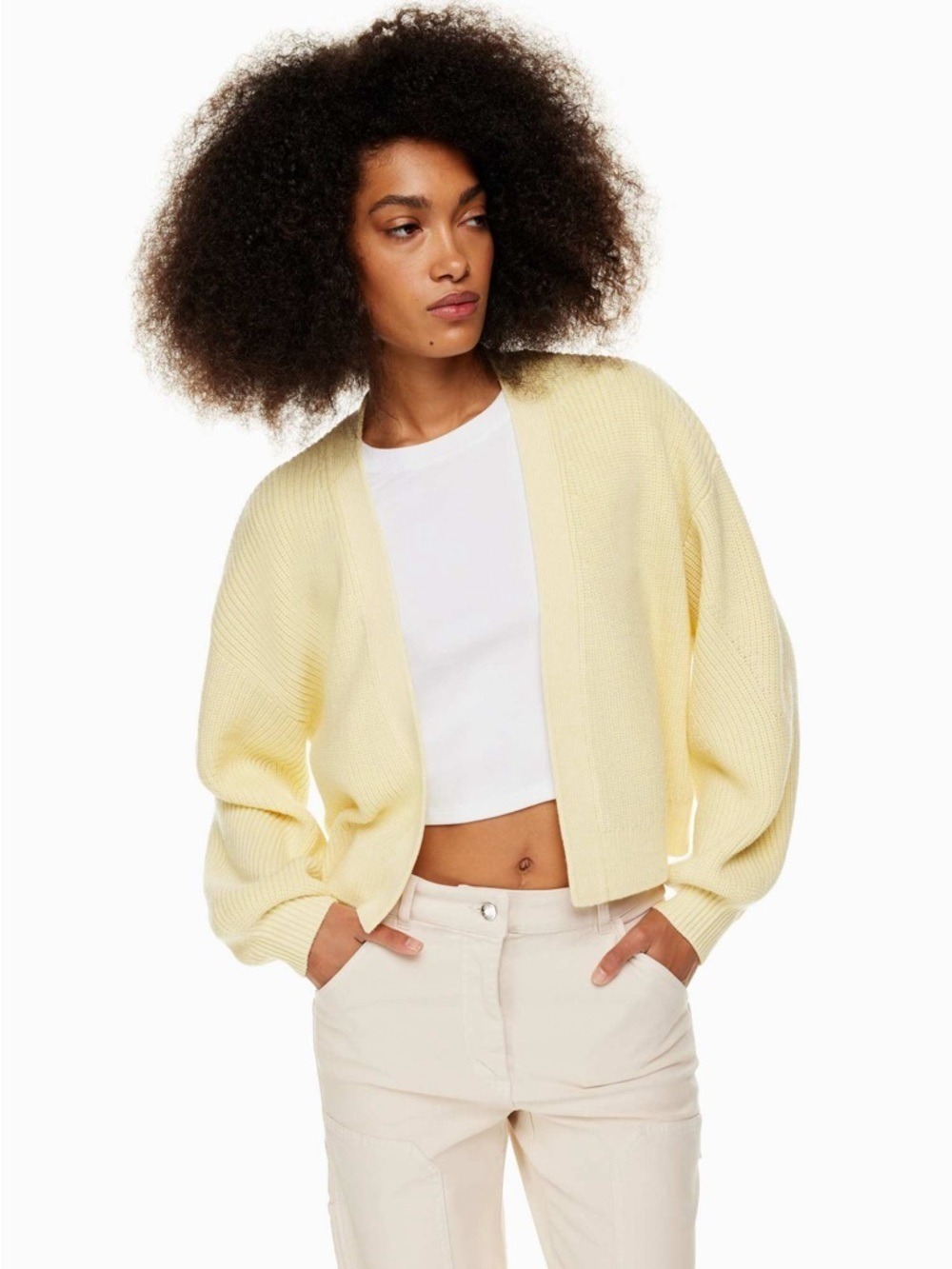 Wilfred Free Unwind Merino Wool Waist Open Cardigan XS Aritzia Butter Yellow